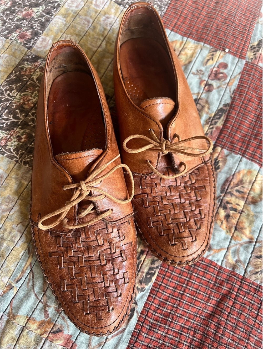 Brown woven leather lace-up flats